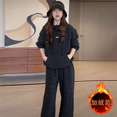 韩系宽松显瘦时尚套装女秋冬新款豹纹套头连帽卫衣直筒长裤两件套，女装套装/套裙，江南
