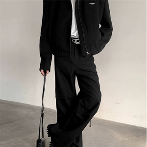 美式复古休闲做旧棕色机车皮衣外套男小众设计感短款垫肩立领夹克图片