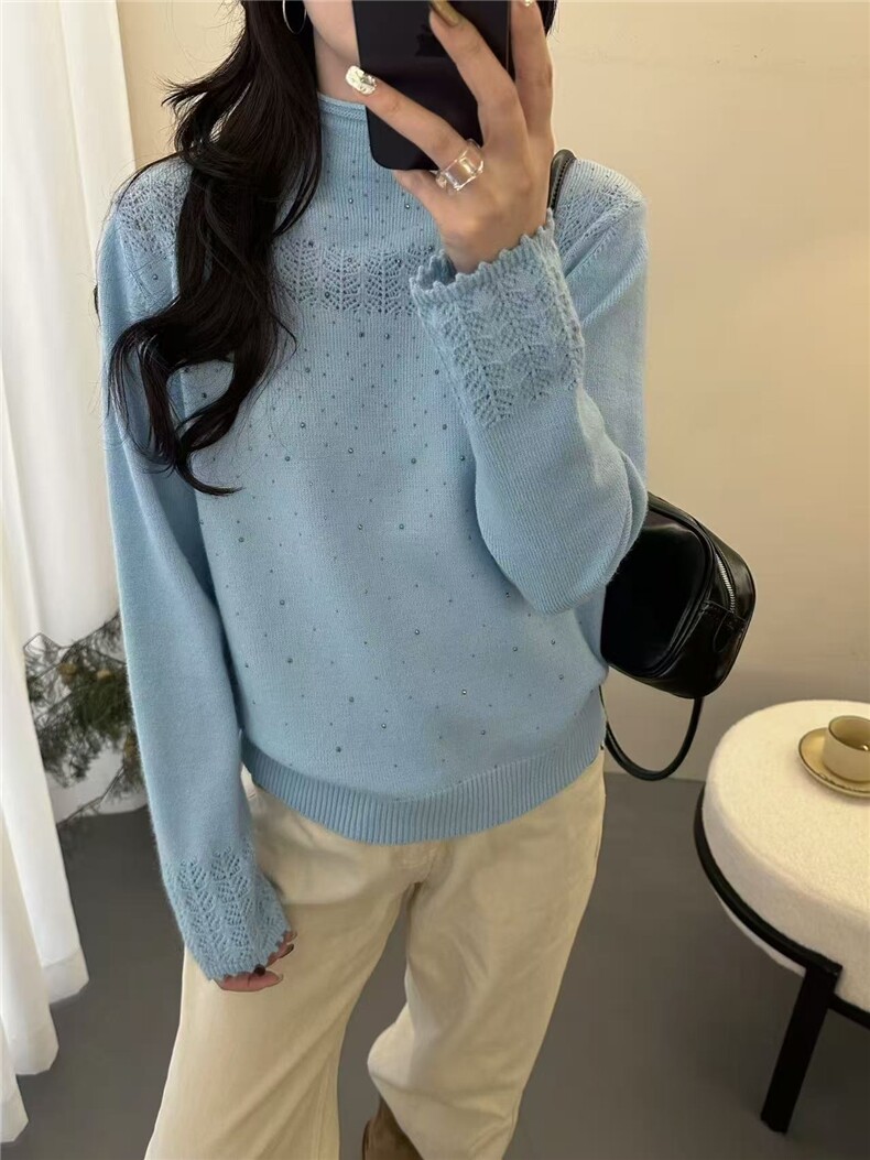 2025年秋季时尚百搭提前就业休闲烫钻镂空半高领，女装针织衫/毛衣，九嘉羊绒