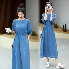 海军领披肩牛仔连衣裙女夏季薄款2025新款抽绳宽松显瘦休闲长裙子，女装连衣裙，星期衣