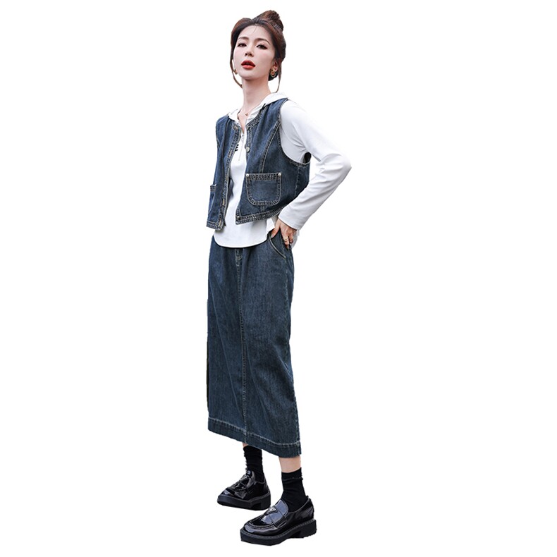 洋气减龄套装裙女2025春装新款牛仔马甲半身裙卫衣三件套时髦穿搭,女装套装/套裙,钱塘布衣