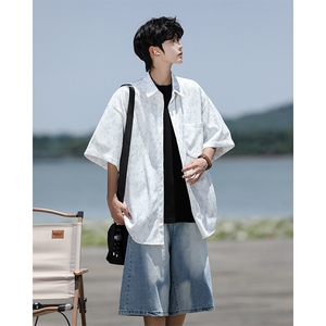 8XL-M肌理褶皱冰丝短袖衬衫男夏薄款半袖防晒衬衣外套DC28010P45,衬衣外套穿搭图片
