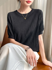 简约休闲夏季冰丝短袖t恤女薄款圆领宽松显瘦针织衫打底凉感上衣，女装T恤，萱芳婷羊绒