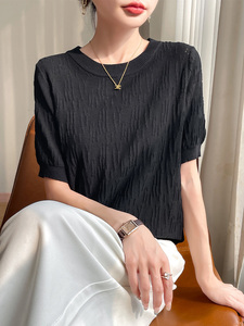简约休闲夏季冰丝短袖t恤女薄款圆领宽松显瘦针织衫打底凉感上衣图片