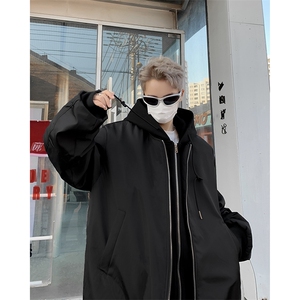 美式高街vibe飞行员夹克春秋季潮流假两件连帽外套男宽松工装上衣