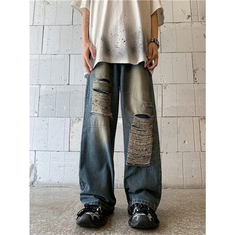美式街头贴布破洞设计感小众牛仔裤男ins潮宽松直筒裤N01658-P50,男装牛仔裤,星座308B-1