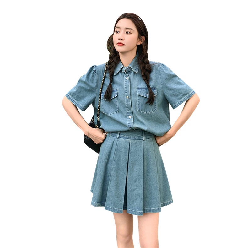 衬衫百褶裙两件套韩系穿搭纯色牛仔小个子套装女82331-P125-K198,女装套装/套裙,一九零
