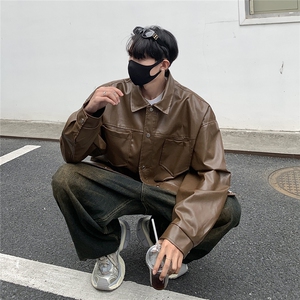 港风翻领pu皮面料皮衣男潮流休闲宽松皮衣外套男77107P78控108图片