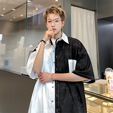 冰丝提花衬衫双拼色短袖港风休闲上衣XZ907-P30-控48，男装衬衫，星座907