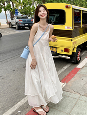 2025年夏季不规则清新甜美文艺/优雅吊带连衣裙大摆裙，女装连衣裙，诺蝶