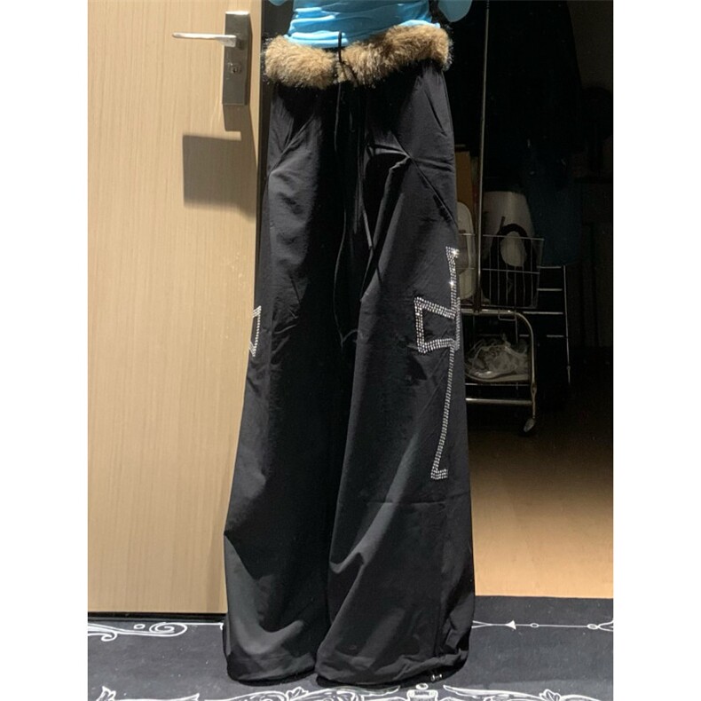 银莲YINLIAN美式复古烫钻十字架毛领可拆卸阔腿宽松裤百搭男女,男装休闲裤,星座506A