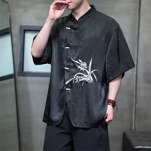 现货男士新中式兰花刺绣冰丝缎面凉感舒适短袖上衣T2521-P65控89,肚子大的男士怎么穿搭图片