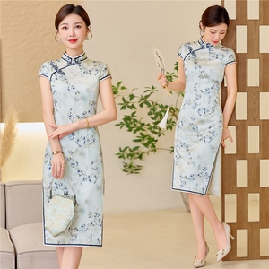 杭州品质真丝长裙复古印花连衣裙女春夏日常修身清新淡雅真丝旗袍图片