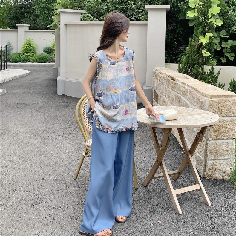 无袖背心时尚套装女阔腿裤2025夏季新款超火绣花巨好看的两件套,女装套装/套裙,2C232