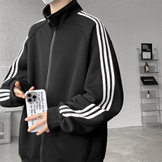 8XL-M三条杠运动卫衣特大码美式条纹立领夹克开衫外套JK5205/P65，男装夹克，电商B238