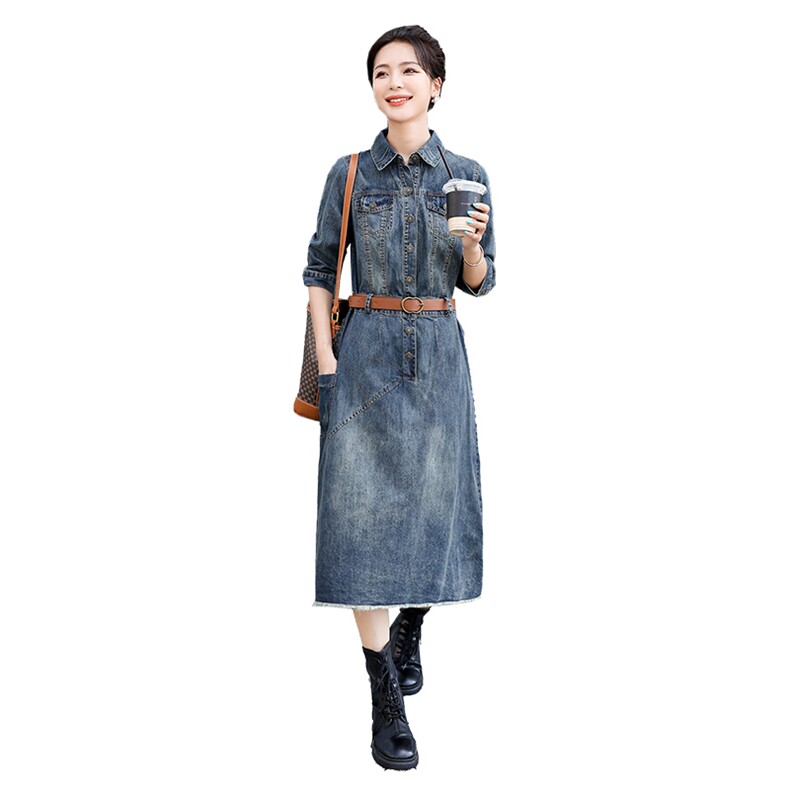 欧货气质高端牛仔裙连衣裙2025春秋新款女时尚减龄显瘦七分袖长裙,女装连衣裙,钱塘布衣