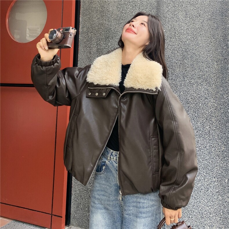 高级感气质羊羔毛领皮衣外套女2025冬季减龄韩系复古90白鸭绒外套,女装羽绒服,蝶眷