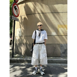 【有货】白色工装七分裤男女美式高街hiphop短裤过膝K82LL-特P45图片