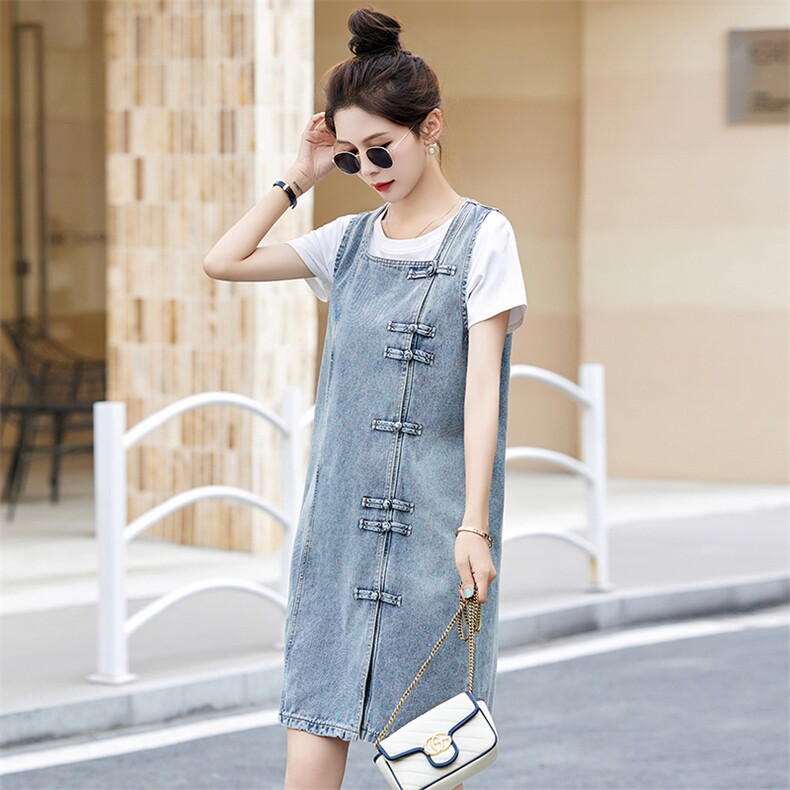 新中式盘扣牛仔裙女方领连衣裙2024夏新款无袖背心裙时尚减龄裙子，女装连衣裙，跑量工厂店