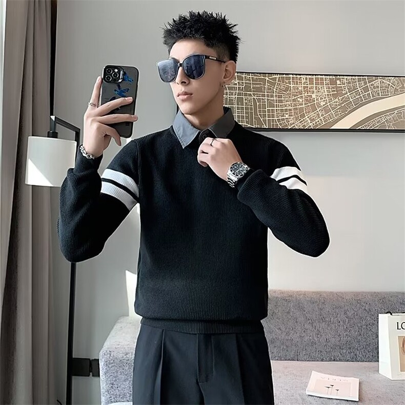 假两件毛衣男潮牌衬衫领内搭打底衫冬新款男士修身翻领针织衫P58图片