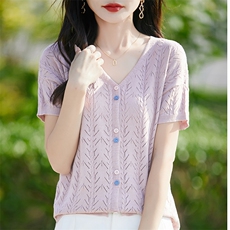夏季新款简约纯棉镂空开衫女宽松百搭显瘦时尚休闲上衣，女装针织衫/毛衣，斯美雅电商供货