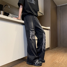 美式街头贴布破洞牛仔裤男设计感小众牛仔裤潮宽松阔腿裤XN09-P45，男装牛仔裤，星座1001-1