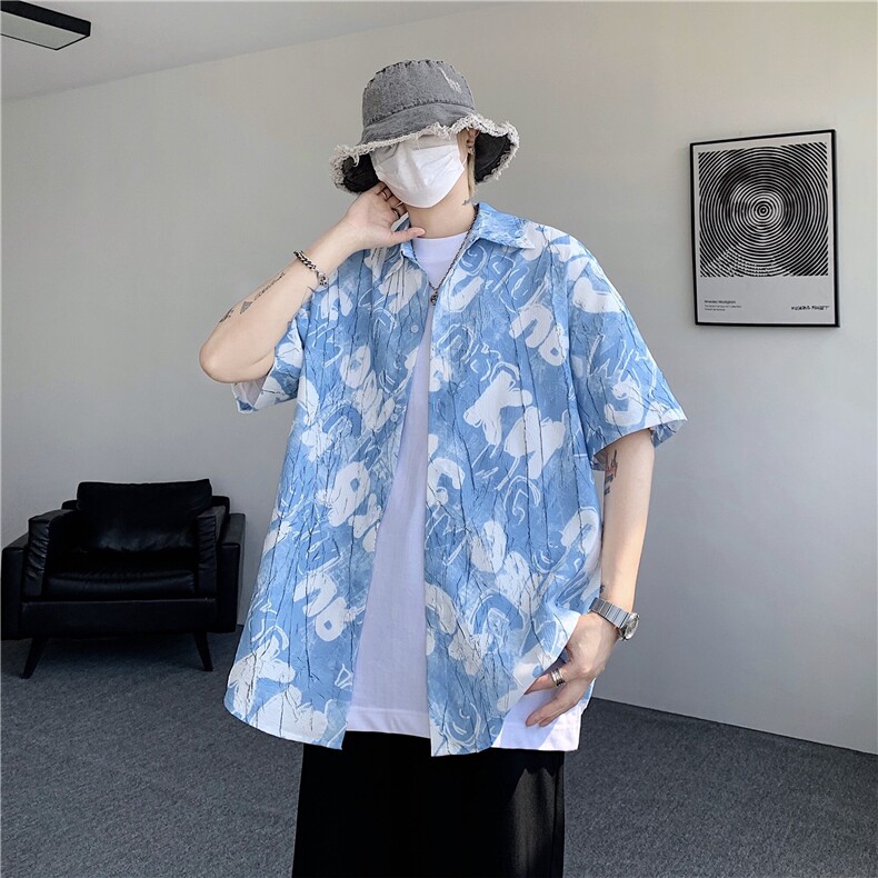 现货！夏季薄款翻领花衬衫短袖男抖音得物可送样EX50558-特P30,男装衬衫,电商A061