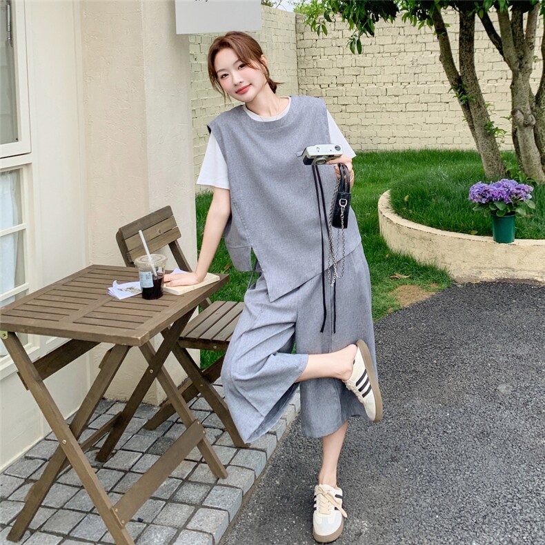 灰色慵懒风T恤马甲7分阔腿裤套装女2025夏季新款盐系休闲两件套潮,女装套装/套裙,2C051