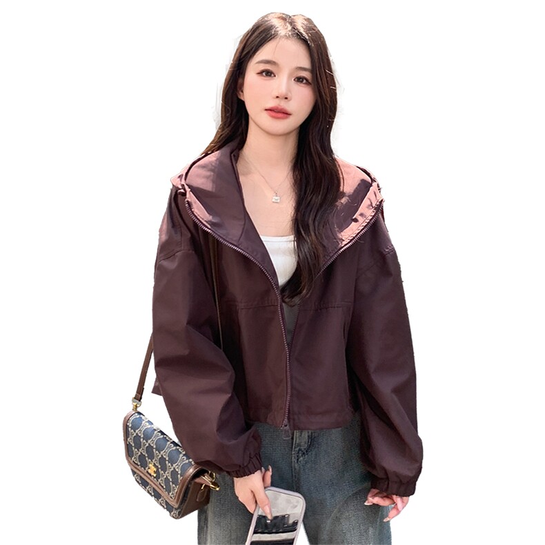 韩版时尚休闲短款连帽外套女2025春秋季新款宽松显瘦时髦夹克上衣,女装短外套,韩蜜菓