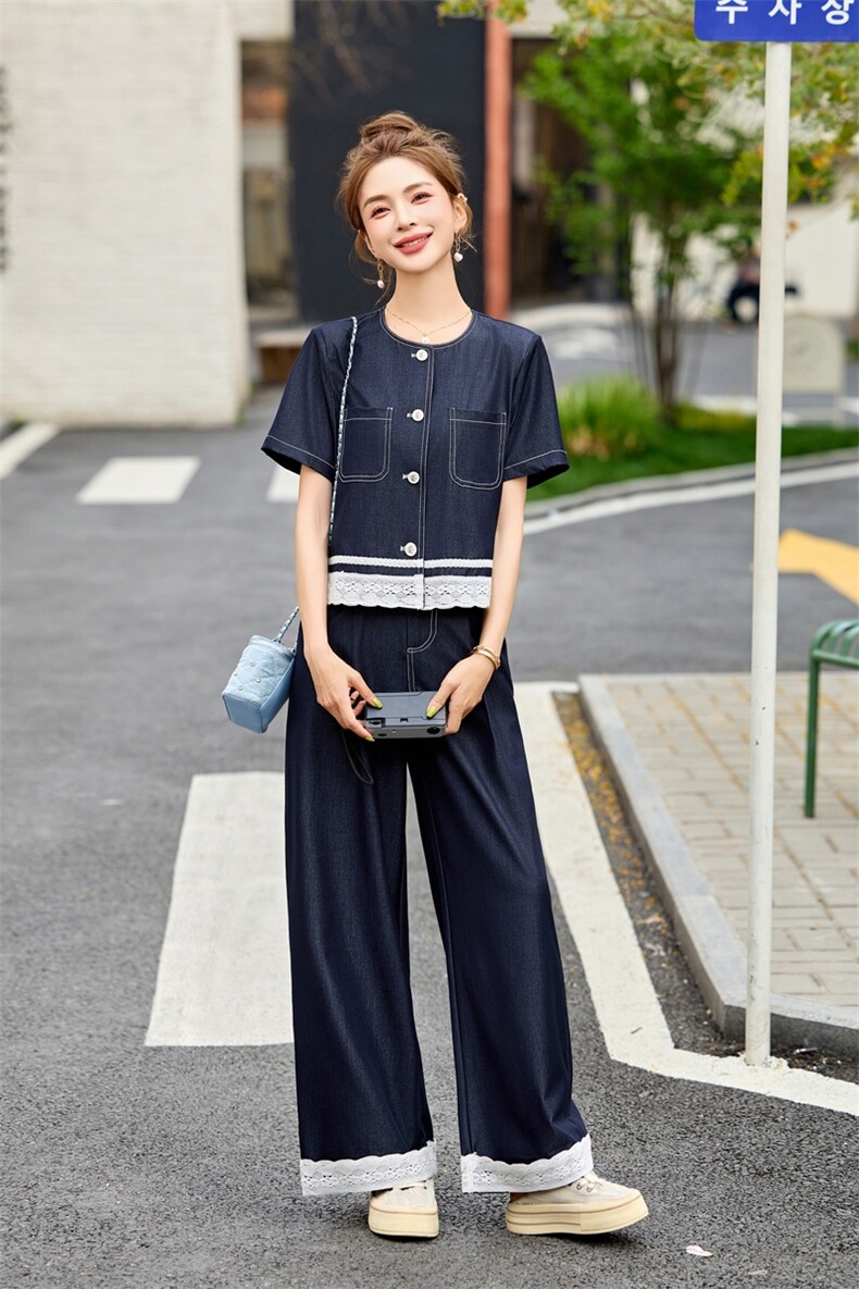 天丝牛仔蕾丝拼接套装女2025春夏新款高级感减龄休闲阔腿裤两件套,女装套装/套裙,魅影