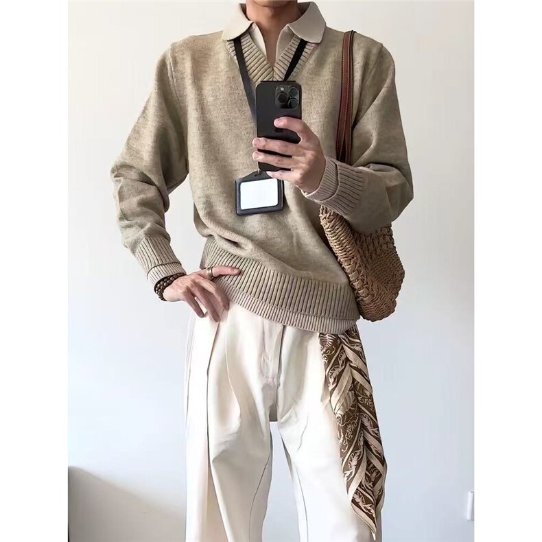 5012-P72美式复古假两件v领毛衣男款冬季翻领老钱风针织衫上衣,男装针织衫/毛衣,电商B323A