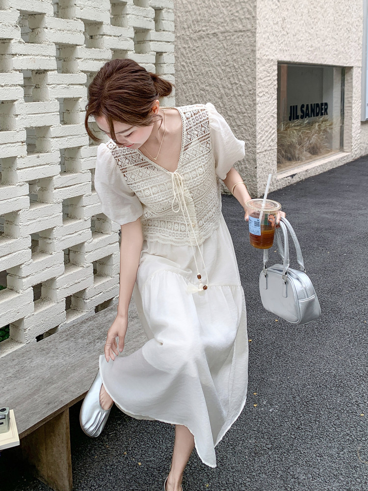 温柔风气质一整套穿搭女2026夏新款蕾丝钩花泡泡袖上衣吊带裙套装,女装套装/套裙,霓裳依族