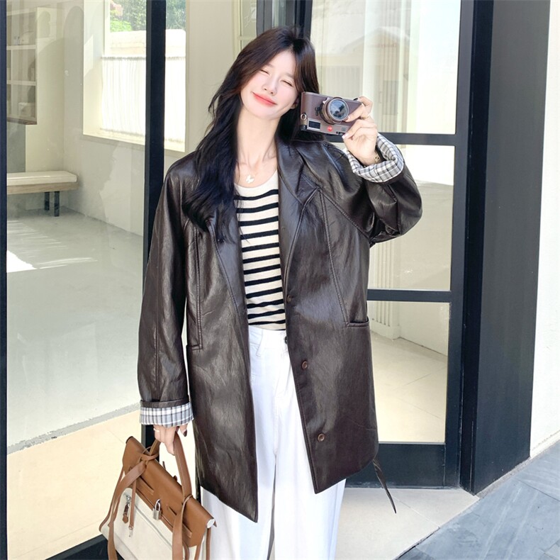 中长款皮衣风衣女2025秋季新款小个子气质复古休闲PU皮外套,女装皮衣,秀美人生