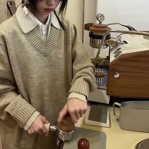 文艺慵懒复古假两件v领翻领毛衣高级针织衫上衣慵懒风外套MY7092图片