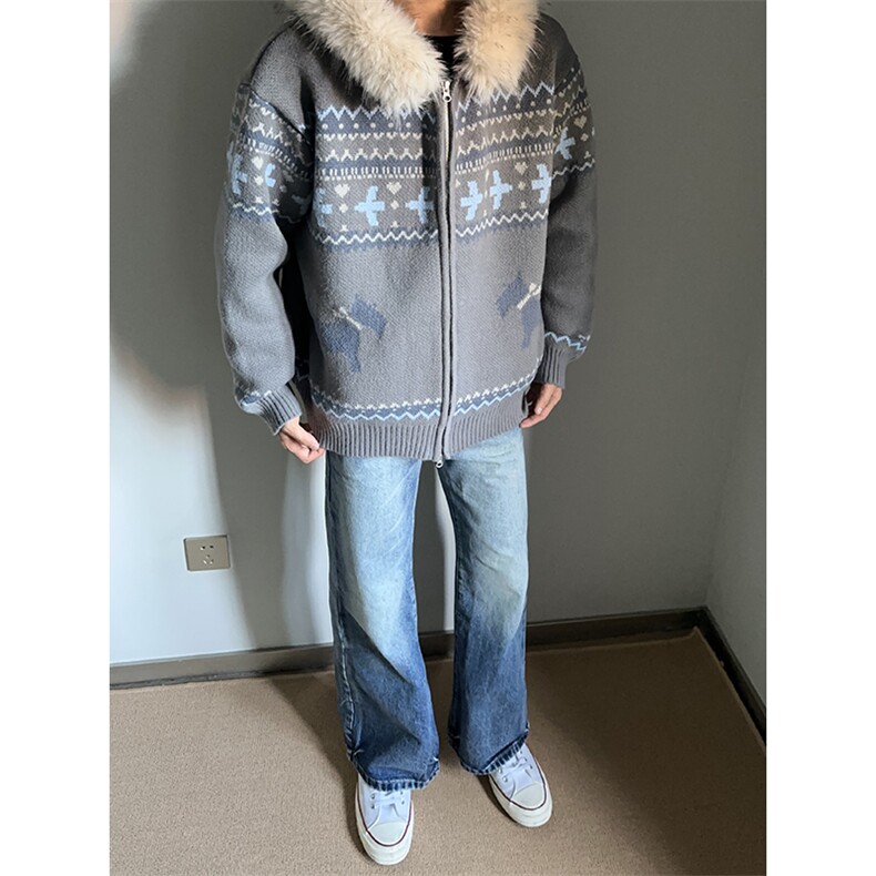 重磅北极绒座山雕毛衣外套冬美式复古休闲慵懒风大毛毛领针织开衫,男装针织衫/毛衣,电商A486