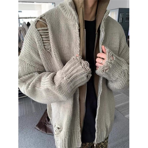 慵懒风破洞毛衣开衫外套潮牌街头拉链老钱风针织衫男LM2255-P57图片