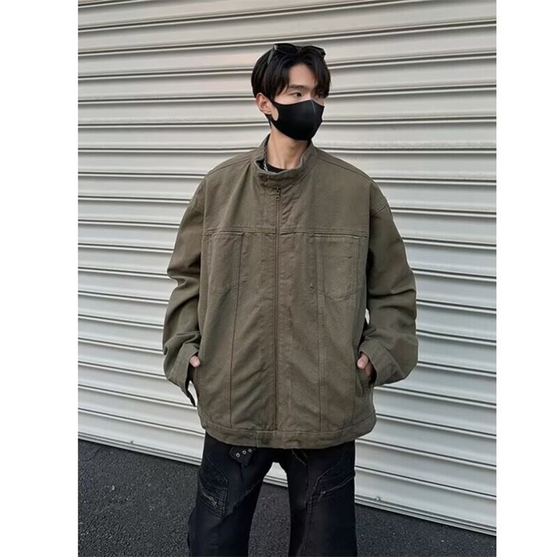 春季复古重磅水洗帆布哈灵顿外套男立领设计感休闲夹克3558/P100图片