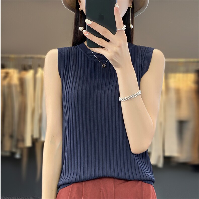 天丝背心女夏季新款圆领坑条薄款外穿配西装冰丝针织内搭宽肩吊带,女装背心吊带,大美人包芯纱店