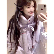 韩系甜美风条纹撞色蝴蝶结系带连帽棉服女学生冬季加厚面包服外套，男装夹克，星座506A