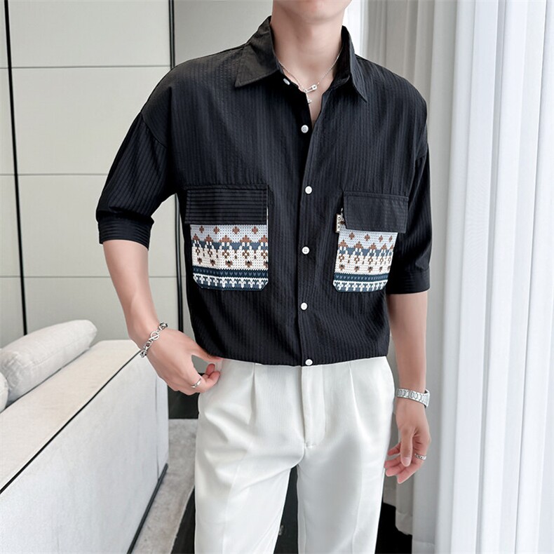 现货2025春季男士高品质衬衫轻奢风七分袖口袋宽松衬衣901C32P58,男装衬衫,星座901