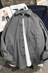 男士秋季衬衫长袖休闲韩版潮流宽松条纹衬衣外套DF07T图片