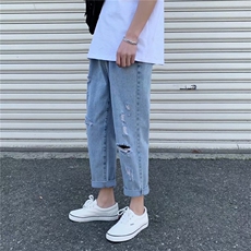 九分牛仔裤男夏季潮牌休闲直筒破洞宽松韩版阔腿老爹裤GK242-P35，男装牛仔裤，星座1008-1