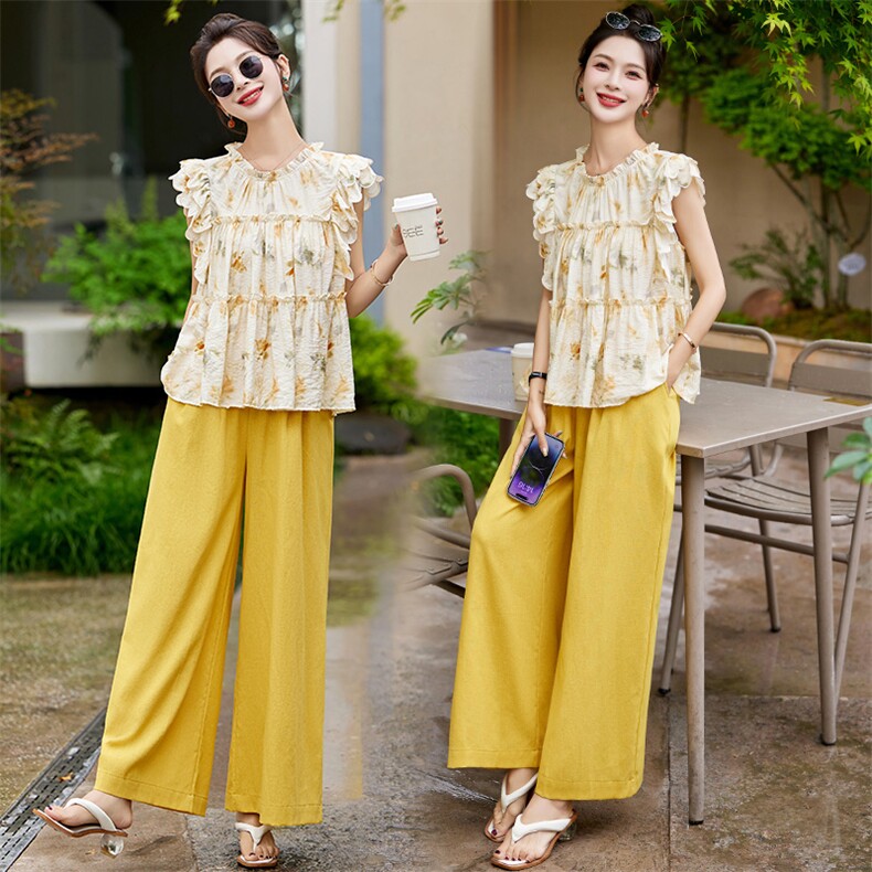 时尚印花气质减龄套装女2025夏季新款洋气飞飞袖上衣阔腿裤两件套，女装套装/套裙，魅影