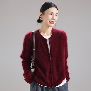 轻盈保暖拉绒100%纯羊毛开衫女2025秋冬拉链毛衣外套宽松针织衫图片