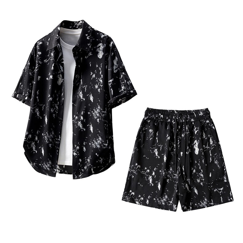 短袖衬衫男+短裤男套装男100%聚酯纤维M-5XL大码TZ78705P50控98，男装牛仔裤，星座227-7