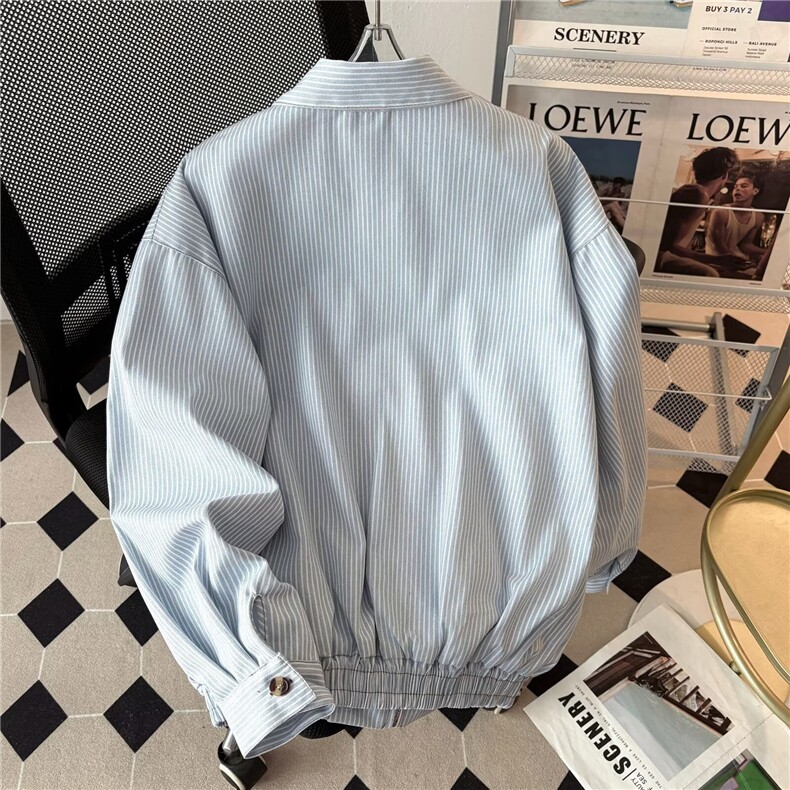 秋季美式休闲条纹翻领短款夹克男装潮流宽松外套上衣6811P72,男装夹克,星座410-2