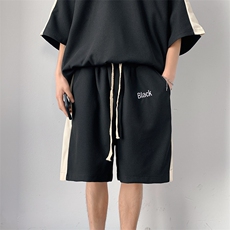 2026夏装华夫格拼接绣花休闲运动套装五分短裤TZ808/P65黑，男装休闲套装，电商A094