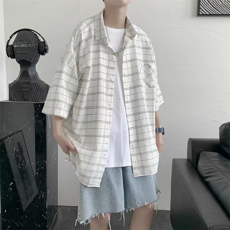 短袖衬衫男士潮牌格子衬衣夏季宽松休闲外套痞帅港风上衣CS88-P30,男装衬衫,星座1008