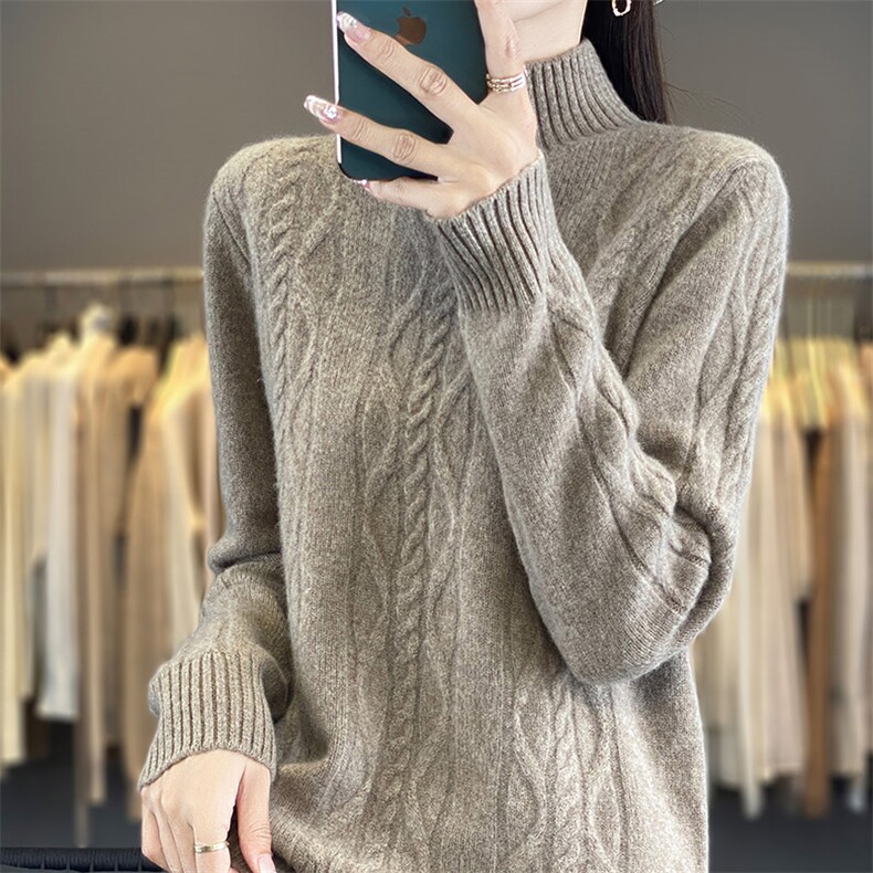 秋冬半高领菱形扭花100%纯羊绒衫女时尚加厚宽松慵懒针织打底上衣,女装羊毛衫,开创羊绒