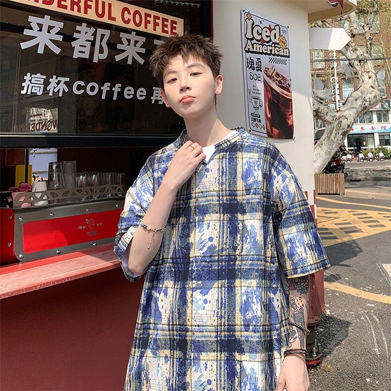 2026夏装美式扎染印花冰丝冰凉格子男五分袖T恤T5508/特P18蓝色,男装T恤,电商A094